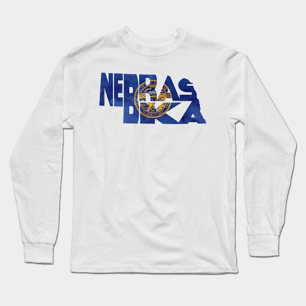 Nebraska Typo Map Long Sleeve T-Shirt by inspirowl